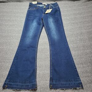 Olevey Jeans Womens 15 Blue‎ Low Rise Bootcut Stretch Flare Raw Hem Y2K Style